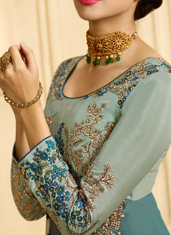 Turquoise Dual Shaded Slit Style Embroidered Anarkali Suit