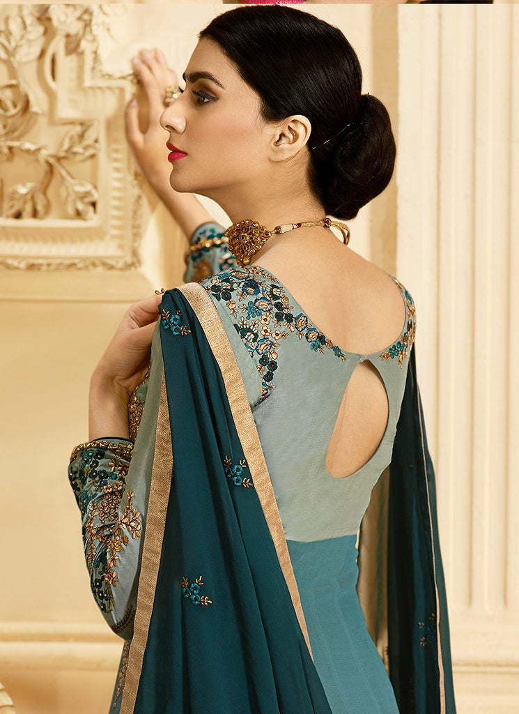 Turquoise Dual Shaded Slit Style Embroidered Anarkali Suit