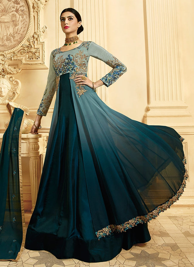 Turquoise Dual Shaded Slit Style Embroidered Anarkali Suit