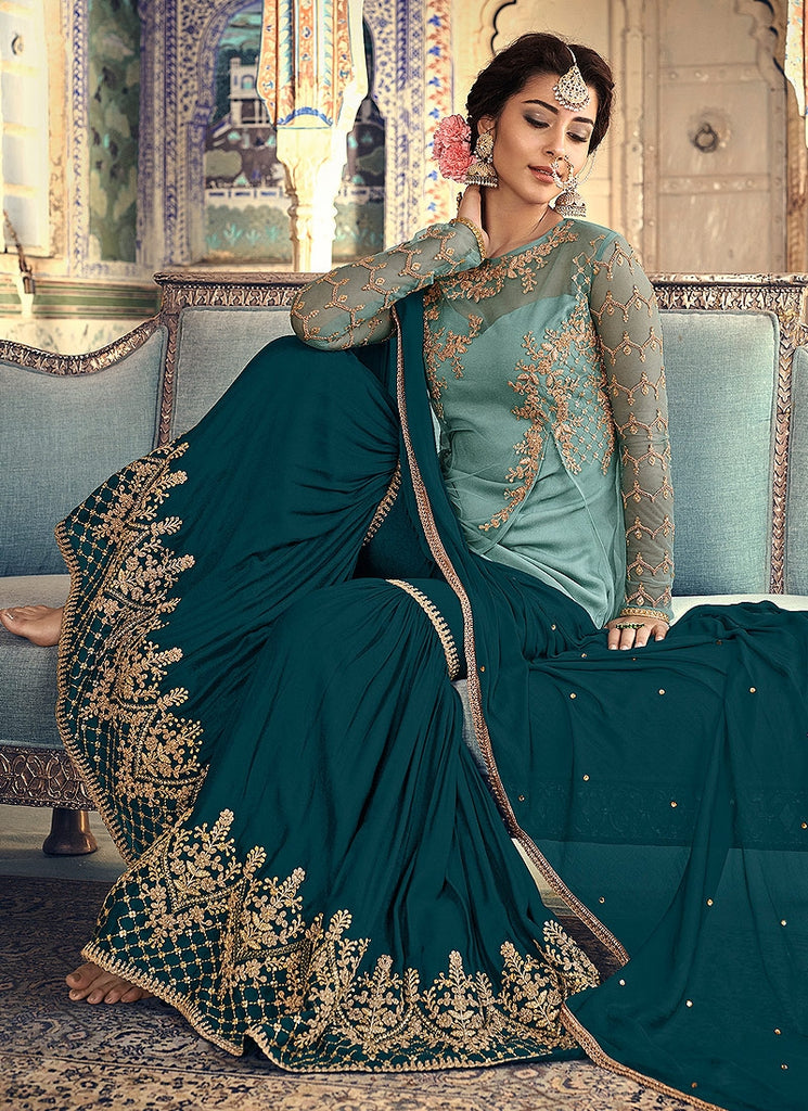Turquoise Two Tone Embellished Gharara Suit