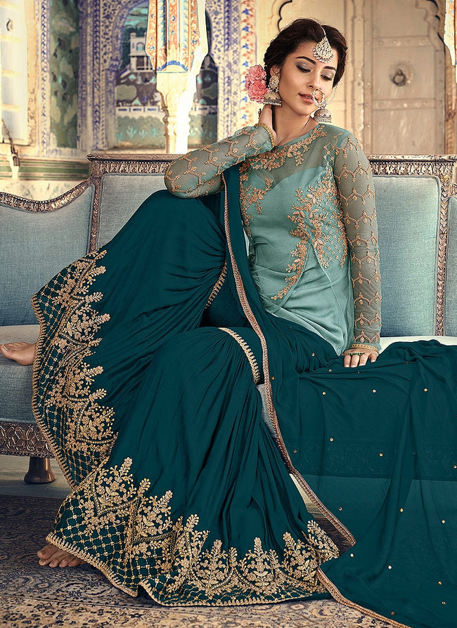 Turquoise Two Tone Embellished Gharara Suit