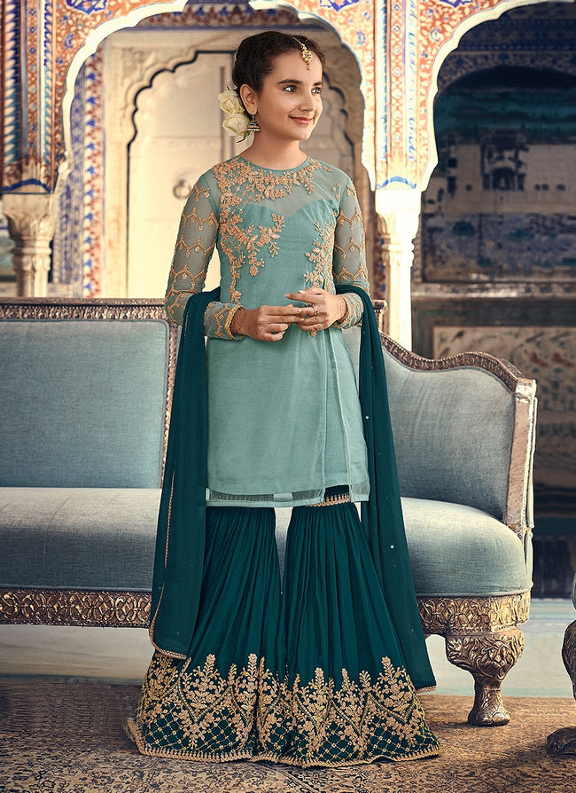 Turquoise Two Tone Embellished Gharara Suit