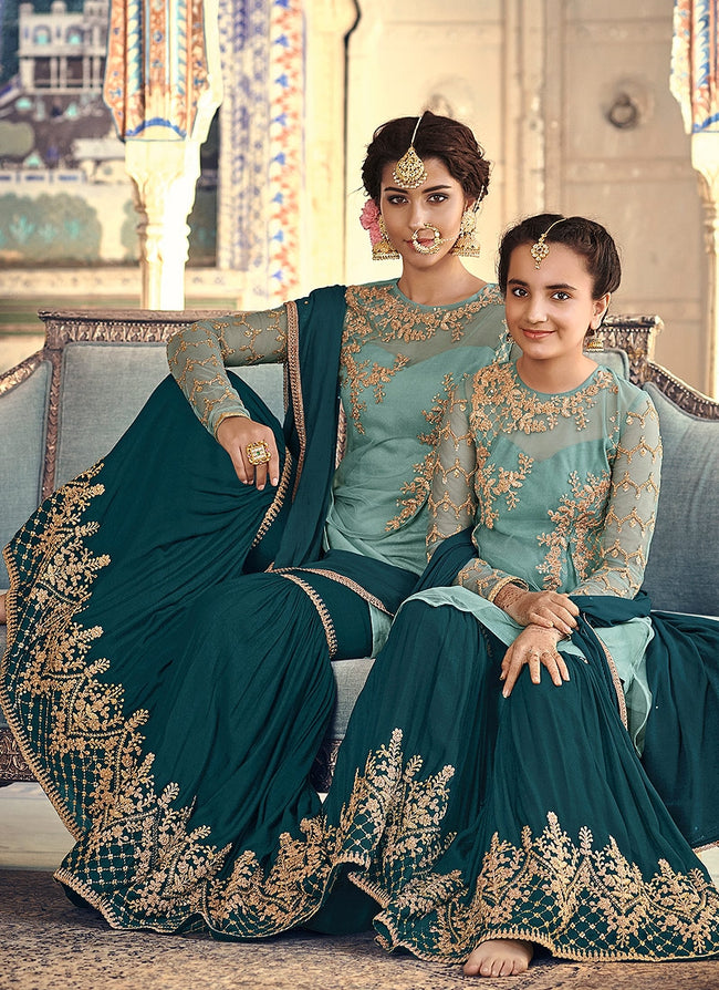 Turquoise Two Tone Embellished Gharara Suit