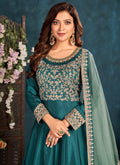 Turquoise Embroidered Belt Style Silk Anarkali Suit