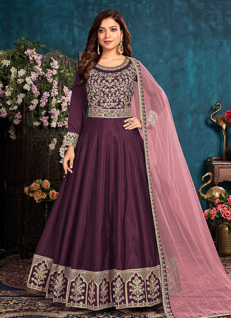 Wine Embroidered Belt Style Silk Anarkali Suit