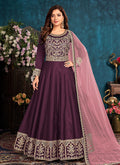 Wine Embroidered Belt Style Silk Anarkali Suit