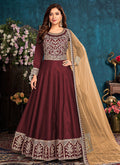 Maroon Embroidered Belt Style Silk Anarkali Suit