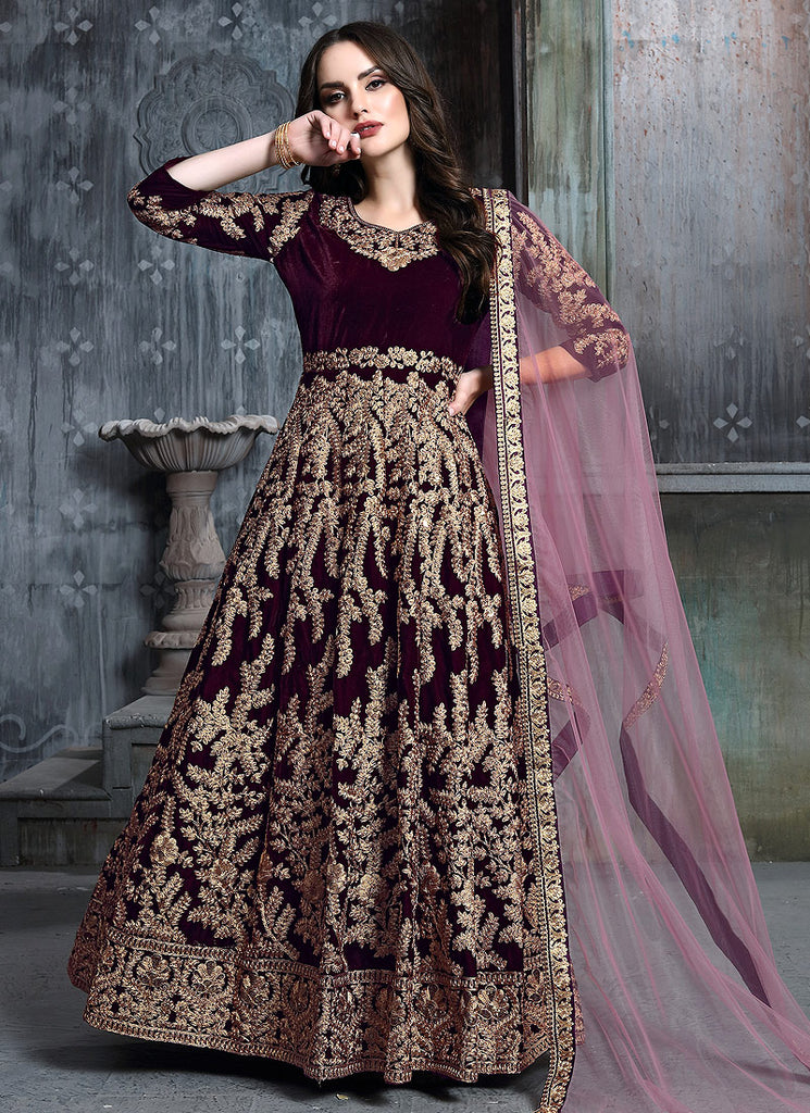 Buy Magenta And Golden Embroidered Indian Anarkali Suit Online | Hatkay Buy Magenta And Golden Embroidered Indian Anarkali Suit Online | Hatkay