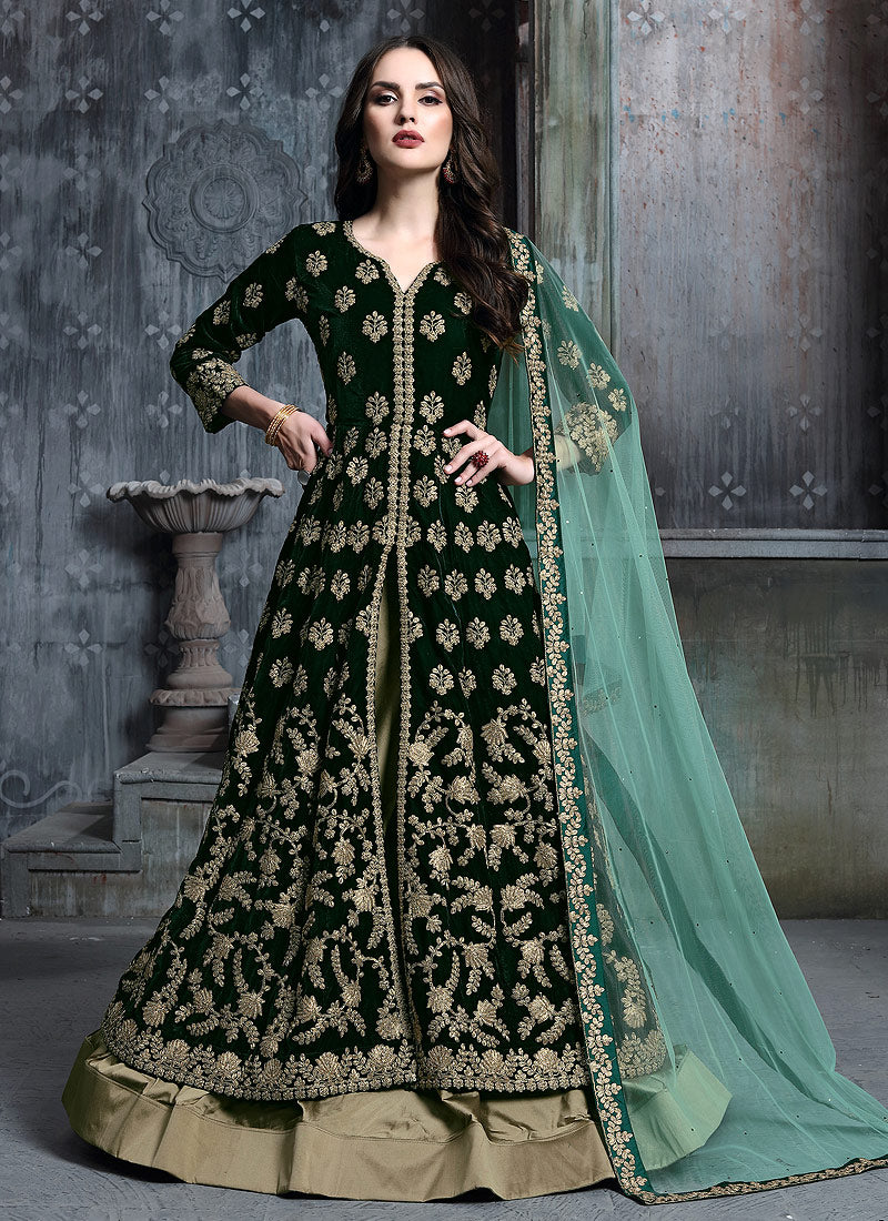 Dark Green And Golden Anarkali Lehenga Suit