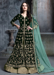 Dark Green And Golden Anarkali Lehenga Suit
