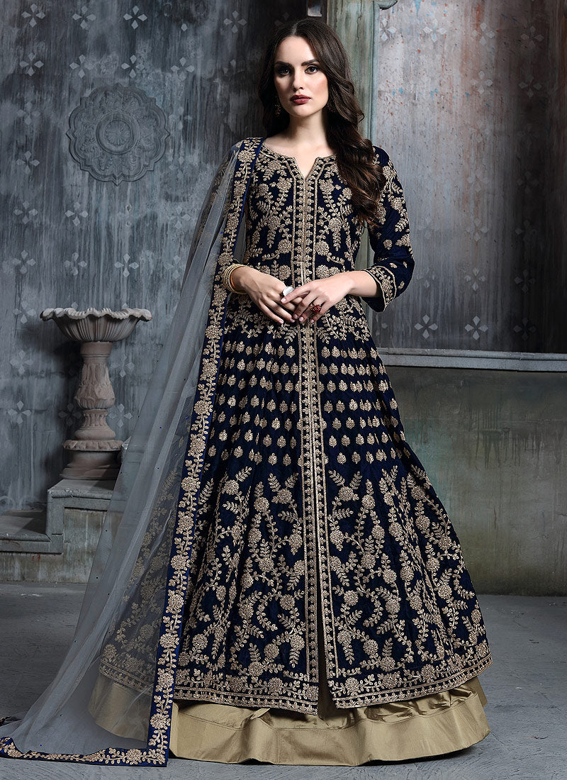 Dark Blue And Golden Anarkali Lehenga Suit