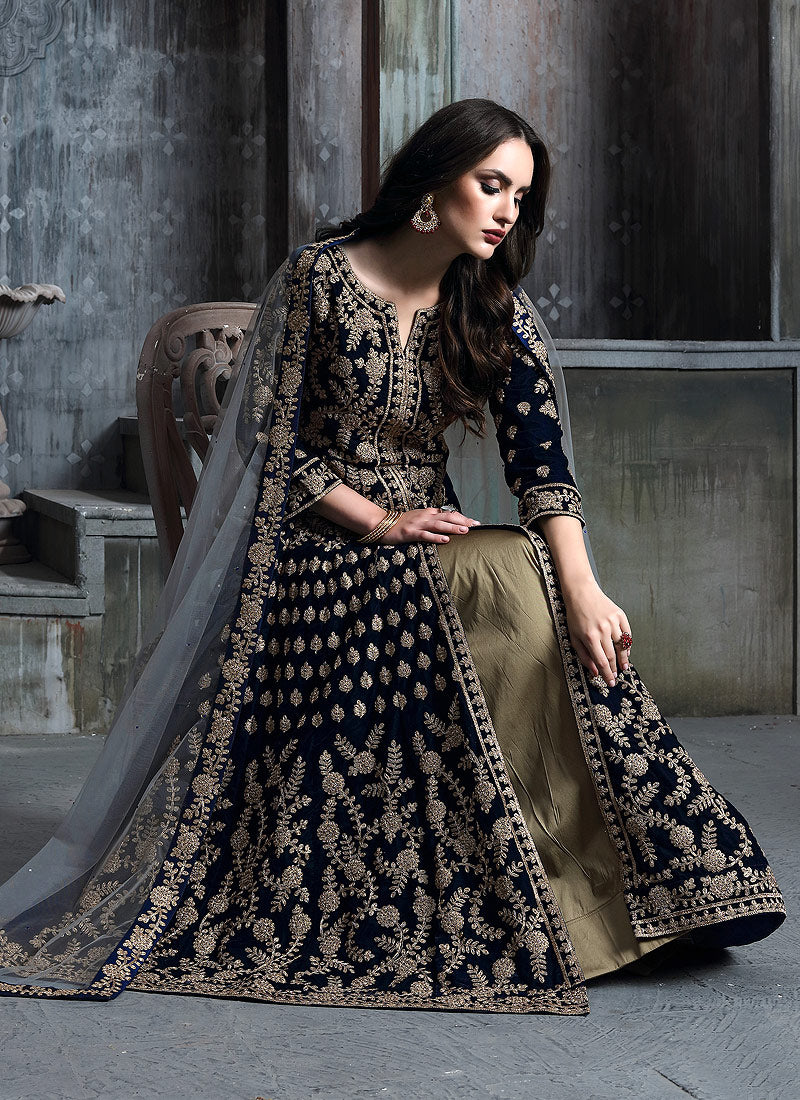 Dark Blue And Golden Anarkali Lehenga Suit