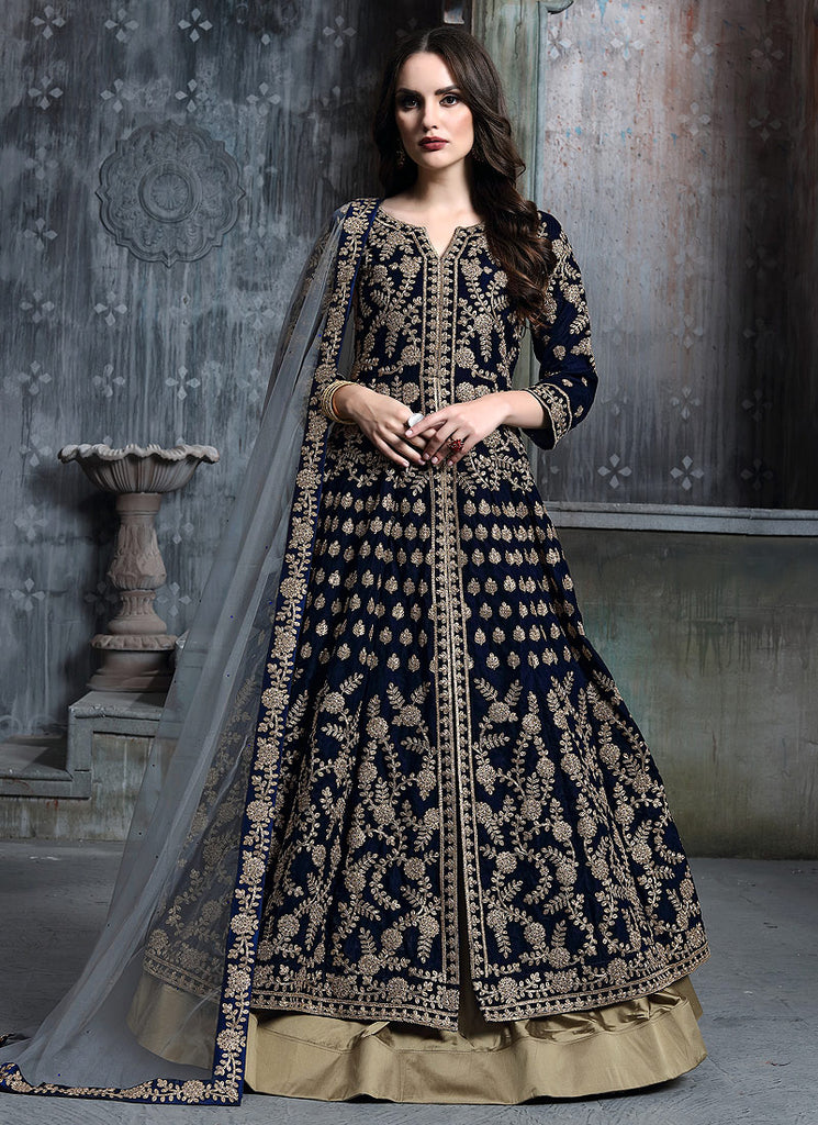 Dark Blue And Golden Anarkali Lehenga Suit