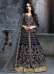 Dark Blue And Golden Anarkali Lehenga Suit