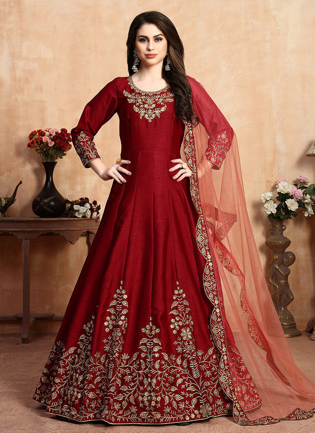 Red Golden Embroidered Designer Silk Anarkali Suit