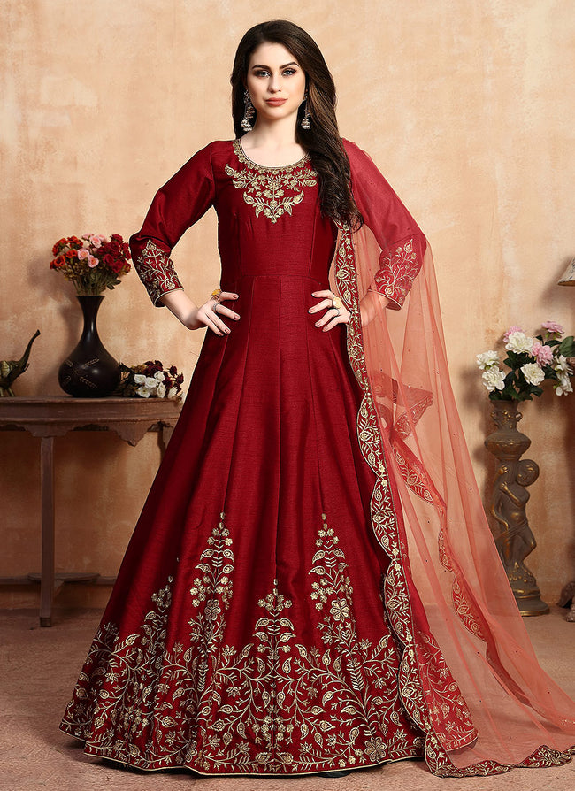 Red Designer Silk Anarkali Suit