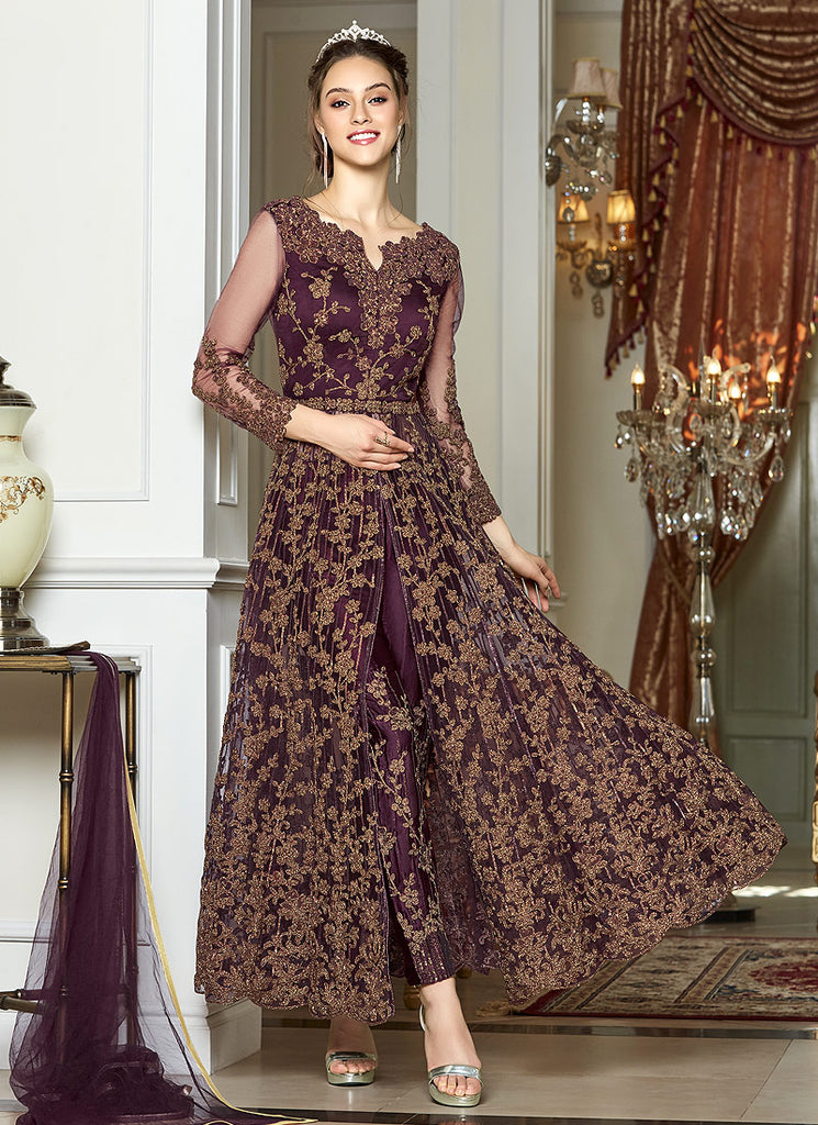 Maroon Zari Embroidered Anarkali Lehenga Suit, Salwar Kameez