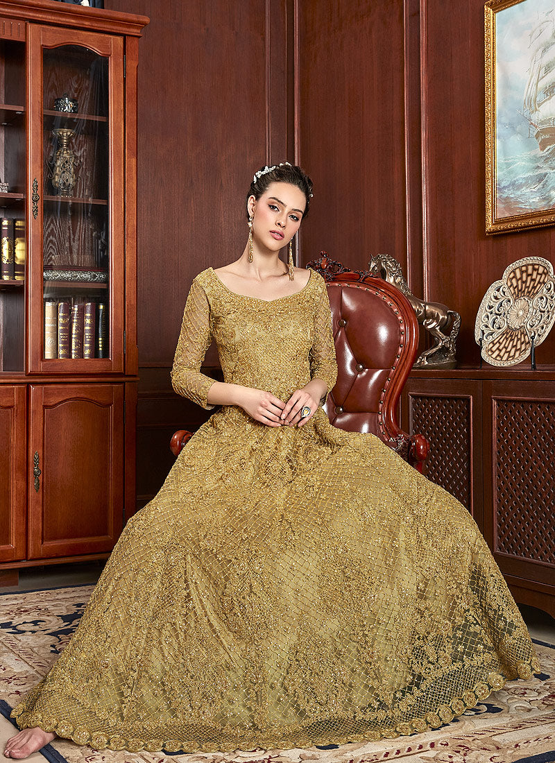 Yellow Zari Embroidered Flared Anarkali Suit , Salwar Kameez