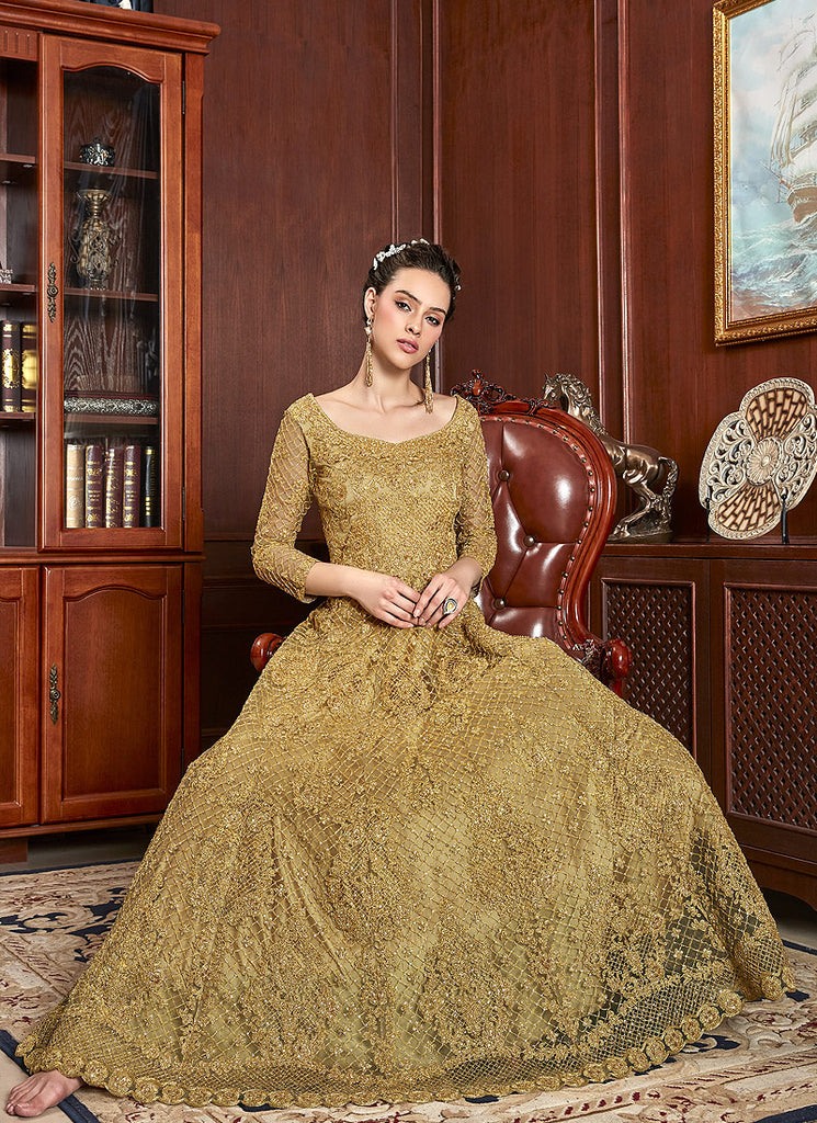Yellow Zari Embroidered Flared Anarkali Suit , Salwar Kameez