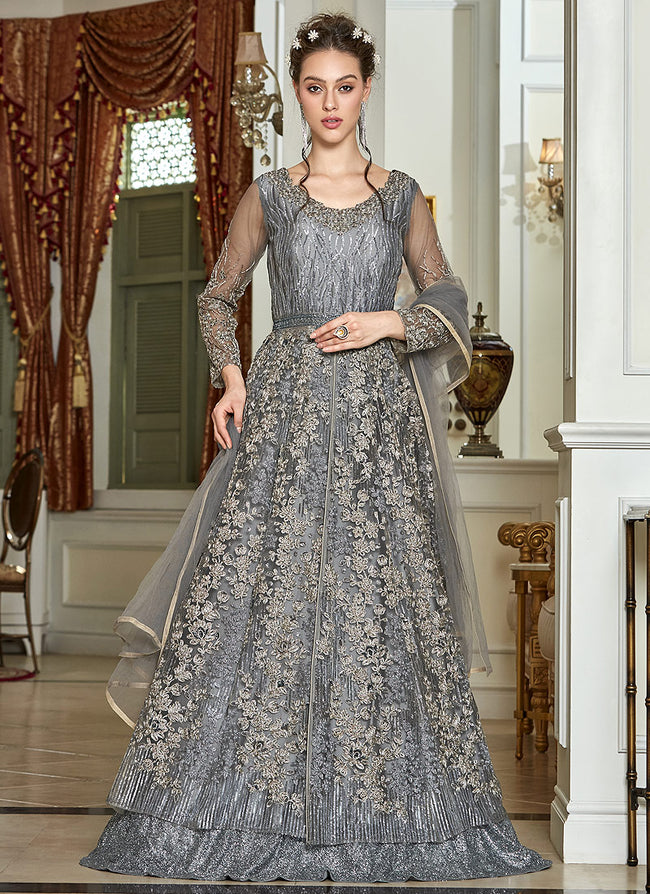 India Clothes - Grey Zari Embroidered Anarkali Lehenga Suit