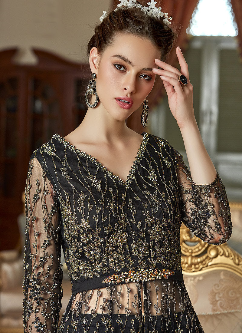  Black Zari Embroidered Anarkali Lehenga Suit , Salwar kameez