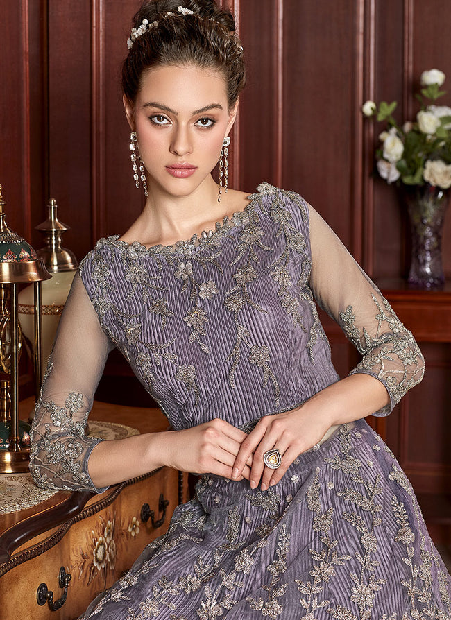  Lilac Purple Embroidered Anarkali Lehenga Suit, Salwar Kameez