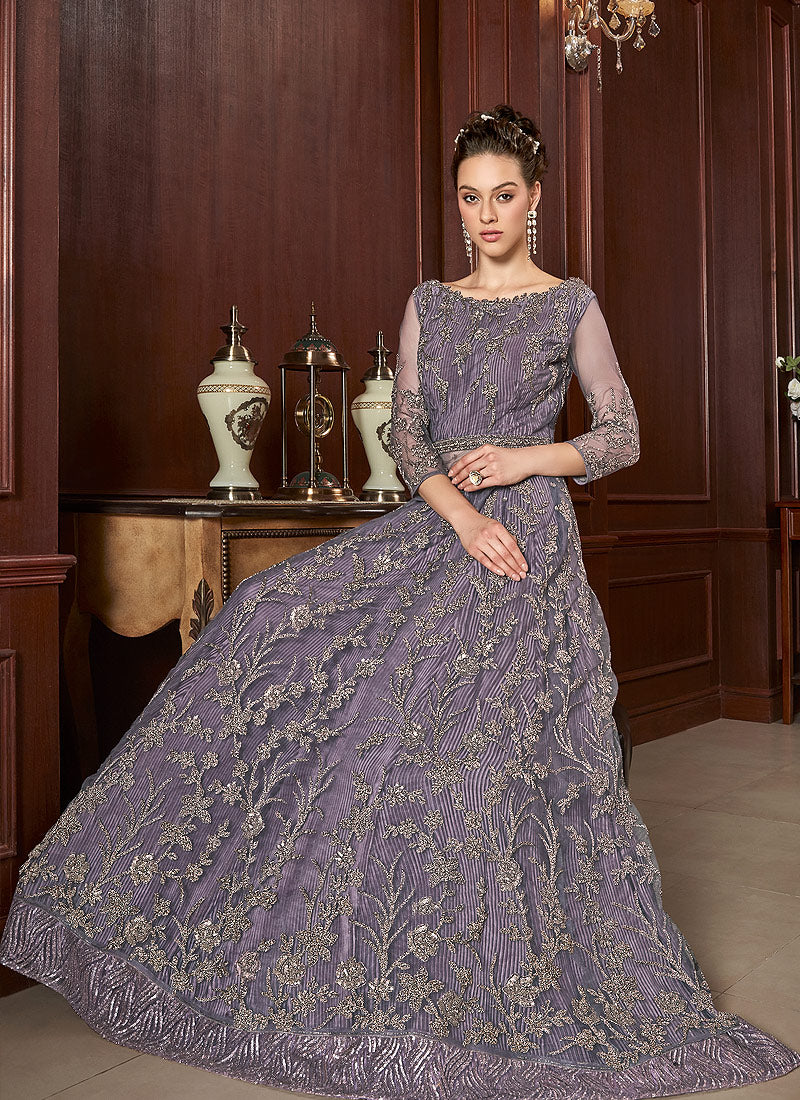  Lilac Purple Embroidered Anarkali Lehenga Suit, Salwar Kameez