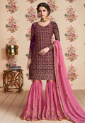 Wine And Pink Embroidered Gharara Palazzo Suit