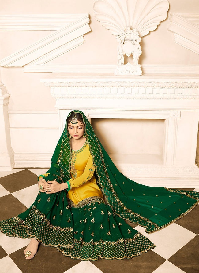 Yellow And Green Embroidered Designer Gharara Palazzo Suit - Hatkay