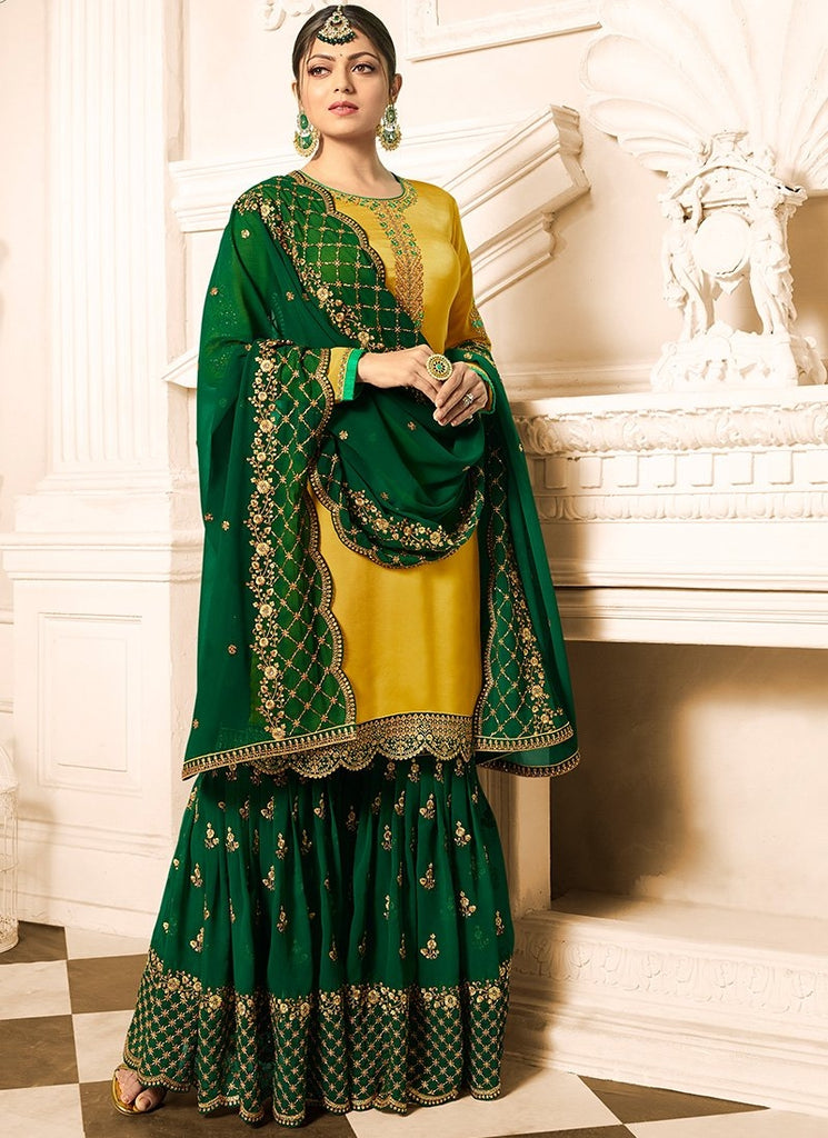 Yellow And Green Embroidered Designer Gharara Palazzo Suit