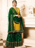 Yellow And Green Embroidered Designer Gharara Palazzo Suit