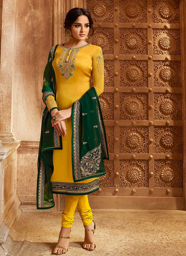 STK52-Organza Floral Full Length Yellow Kurti - Sreya Trends LLC