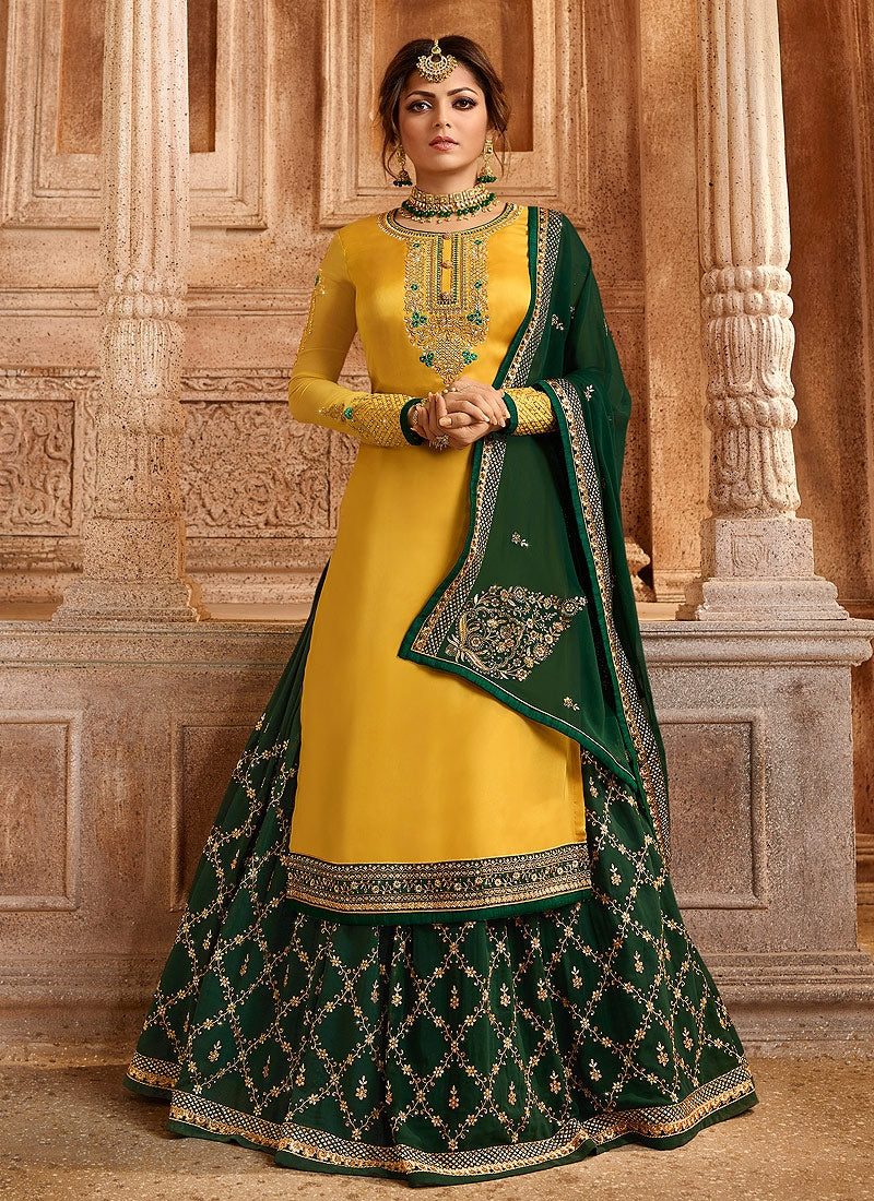 Yellow And Green Dual Bottom Lehenga Pant Kurti Set Hatkay