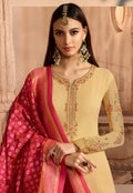 Yellow And Red Embroidered Satin Churidar Suit