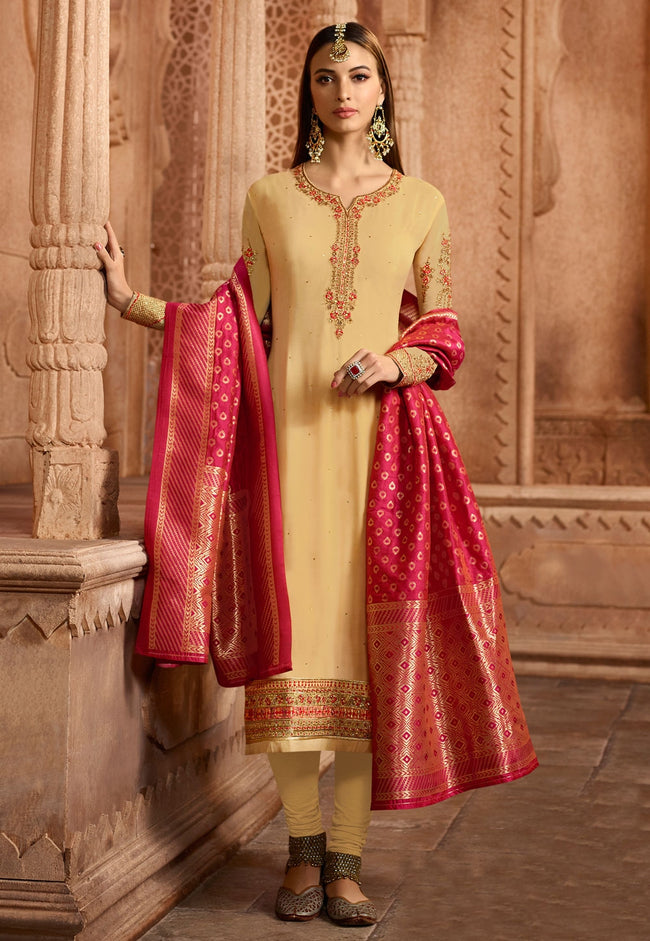 Yellow Suit in Dola Silk fabric with Dabka Sequence and Moti (Heavy tessal)  Handwork online Kishori | Kishori