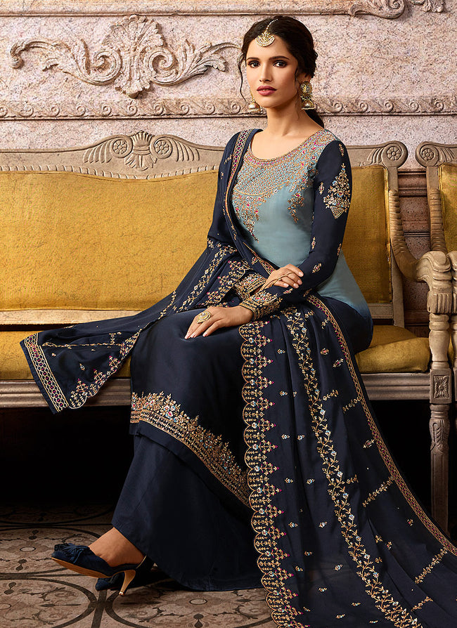 Blue Two Tone Embroidered Palazzo Suit, Salwar Kameez