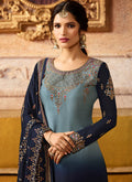 Blue Two Tone Embroidered Palazzo Suit