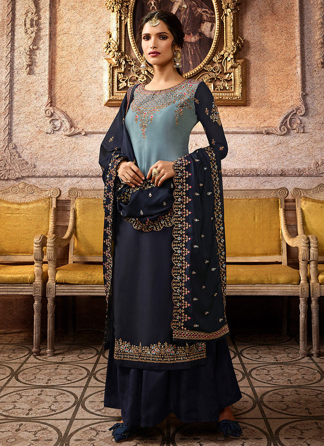 Indian Clothes - Blue Two Tone Embroidered Palazzo Suit
