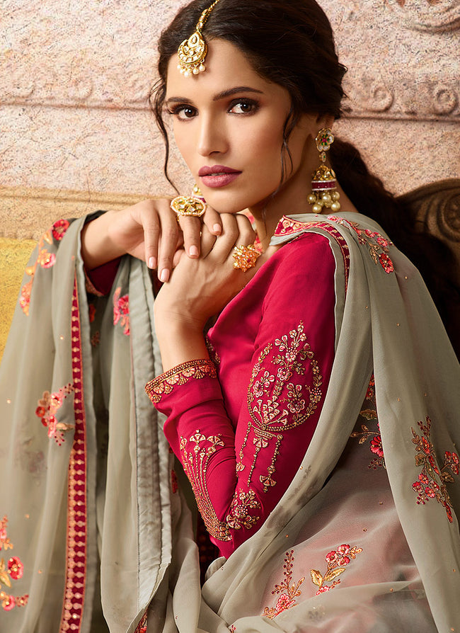 Pink And Grey Embroidered Palazzo Suit, Salwar Kameez