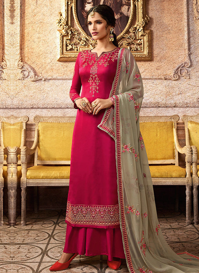 Indian Clothes - Pink And Grey Embroidered Palazzo Suit