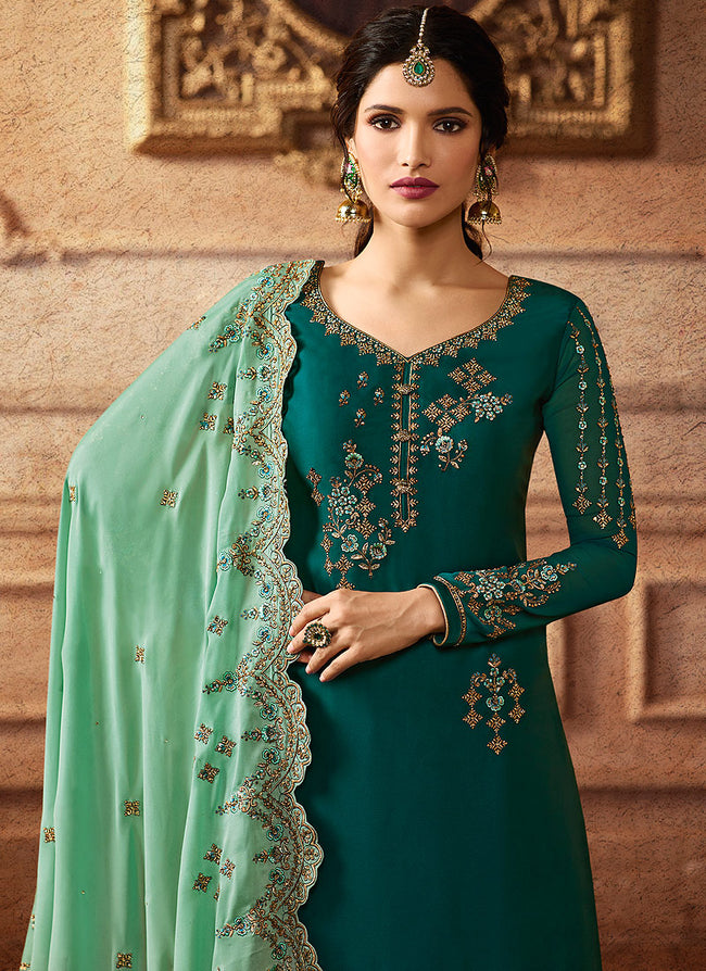 Green Two Tone Embroidered Palazzo Suit, Salwar Kameez