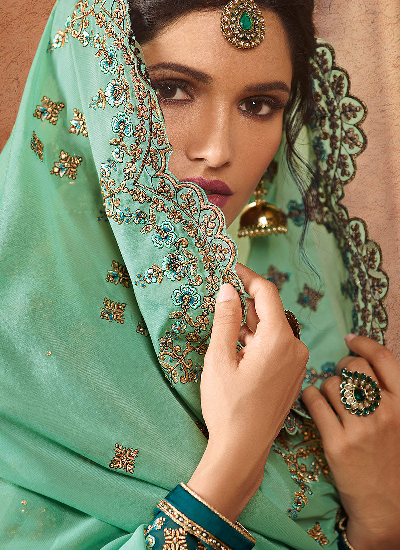 Green Two Tone Embroidered Palazzo Suit