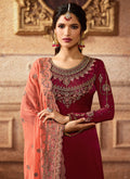 Maroon And Peach Embroidered Palazzo Suit