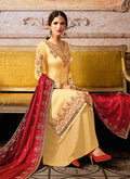 Yellow And Red Embroidered Palazzo Suit